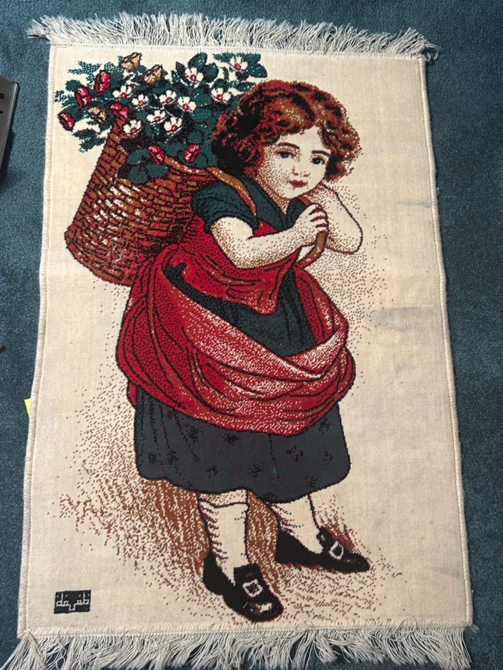 Vintage-Style Tapestry Rug Girl with Basket - Red, Cream, Black